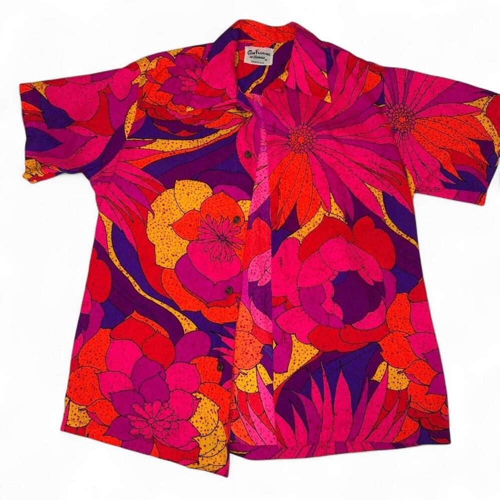 Vintage 60s Hawaiian Shirt – Sun Fashions of Hawaii – Psychedelic Floral Sz M